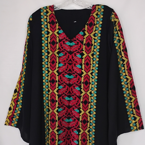 Women's Size Medium Multicolor Embroidered V-Neck Thobe Maxi Dress Bell Sleeves - Picture 3 of 13